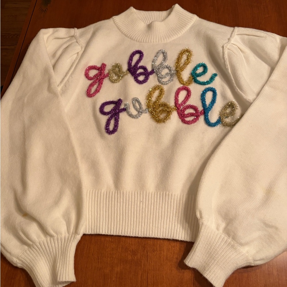 Peach Love California White Crewneck Sweater with Multicolor 'Gobble' Script
